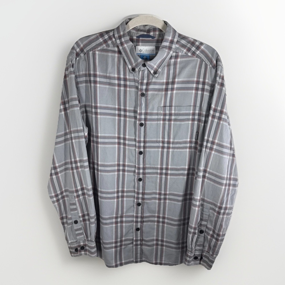 Columbia Shirt Men Cotton Large Grey Orange Plaid Long Sleeve Button Down Pocket